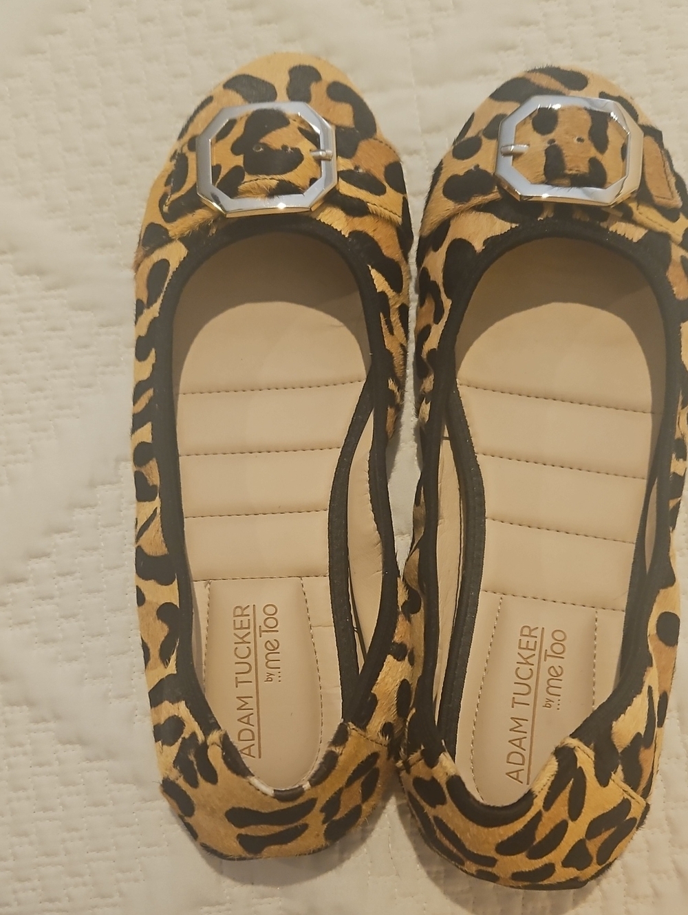 Adam Tucker Leopard-Print Ballet Flats in Tan and Black with Buckle
